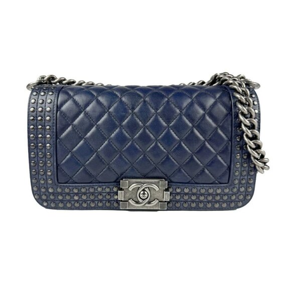 Auth CHANEL Boy Bag Chain Shoulder Bag Navy Leather/Metal - z3616 - Picture 1 of 13